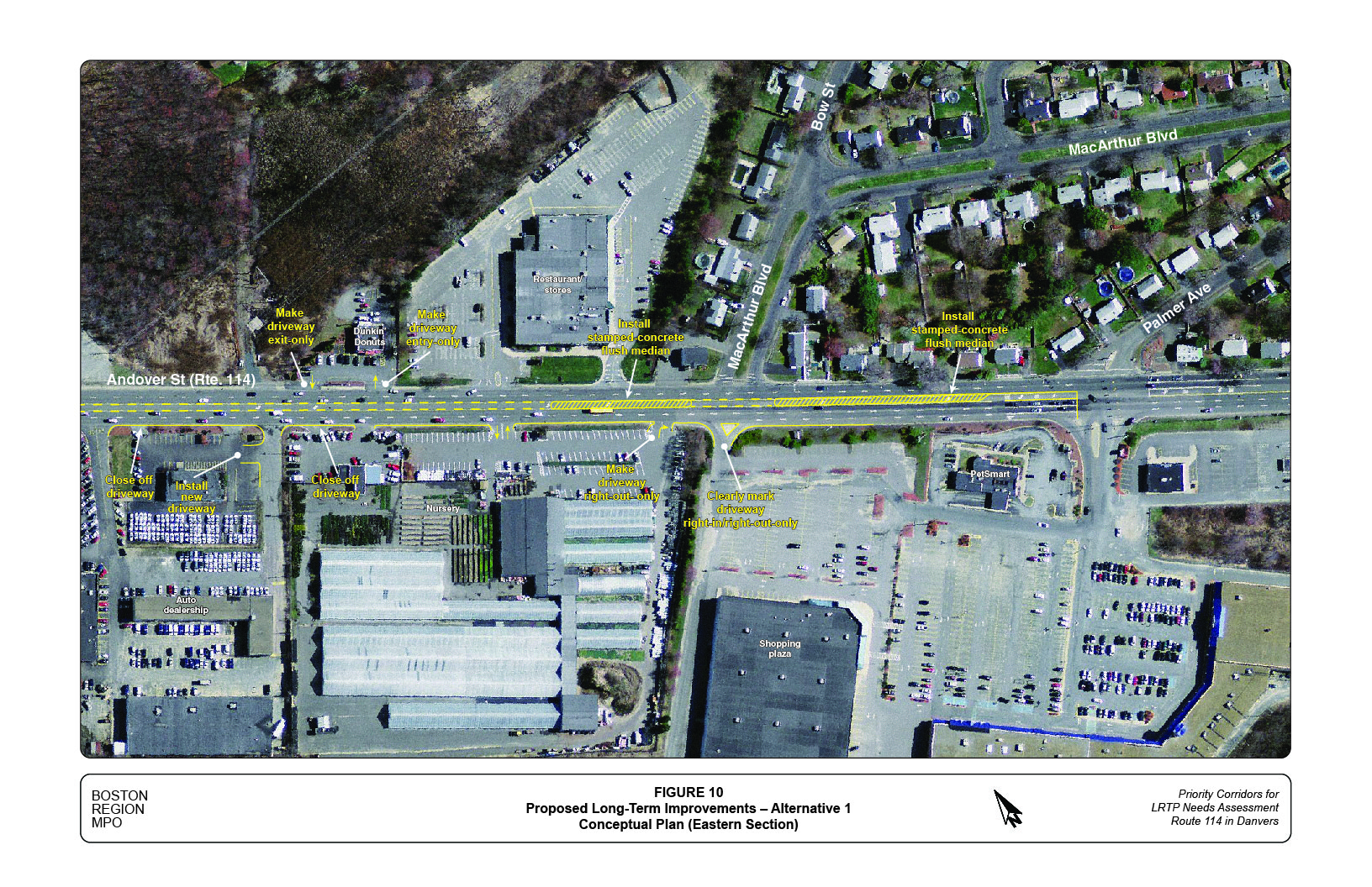 Figure 10 shows the locations and layouts of the proposed long-term improvements in Alternative 1 in the eastern section of the study corridor.